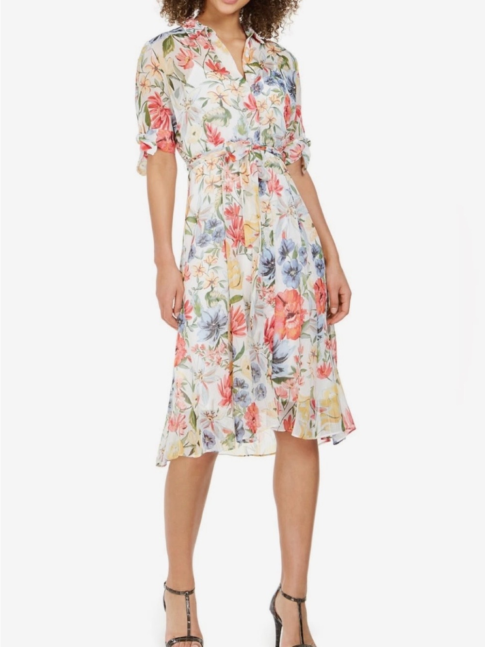 Calvin Klein White Multi Floral Tie-Waist Midi Dress